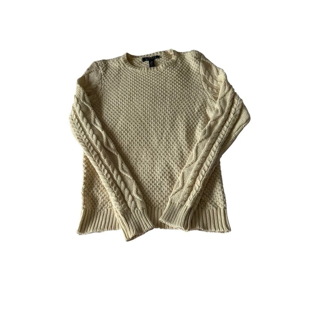 Lauren Ralph Lauren Cream Cable Knit Popcorn Stitch Crewneck Sweater Womens M